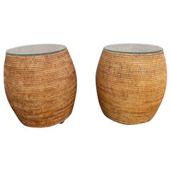 Pair of Woven Bamboo Garden Stool Tables