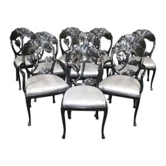 10 Black Lacquered Mid-Century Modern Regency Style Dining Chairs, circa 1980