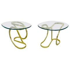 Vintage Milo Baughman Style Twisted Flat Bar Brass Side Tables