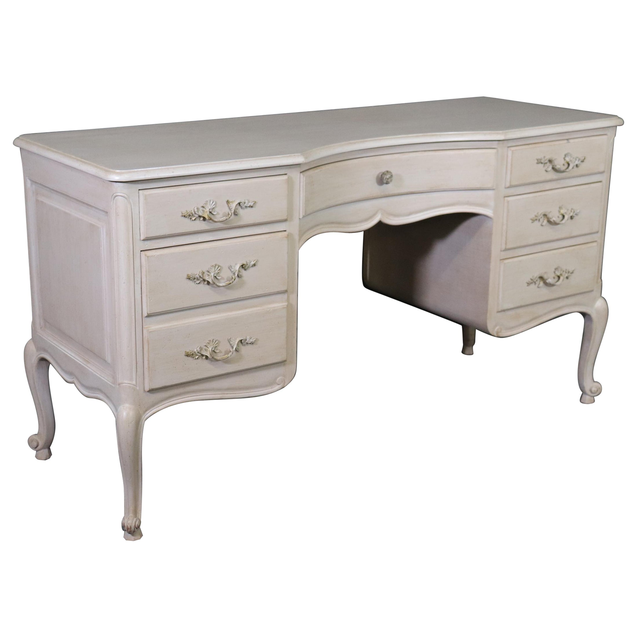 White Distressed Painted French Louis XV Style Ladies Vanity Writing Desk For Sale