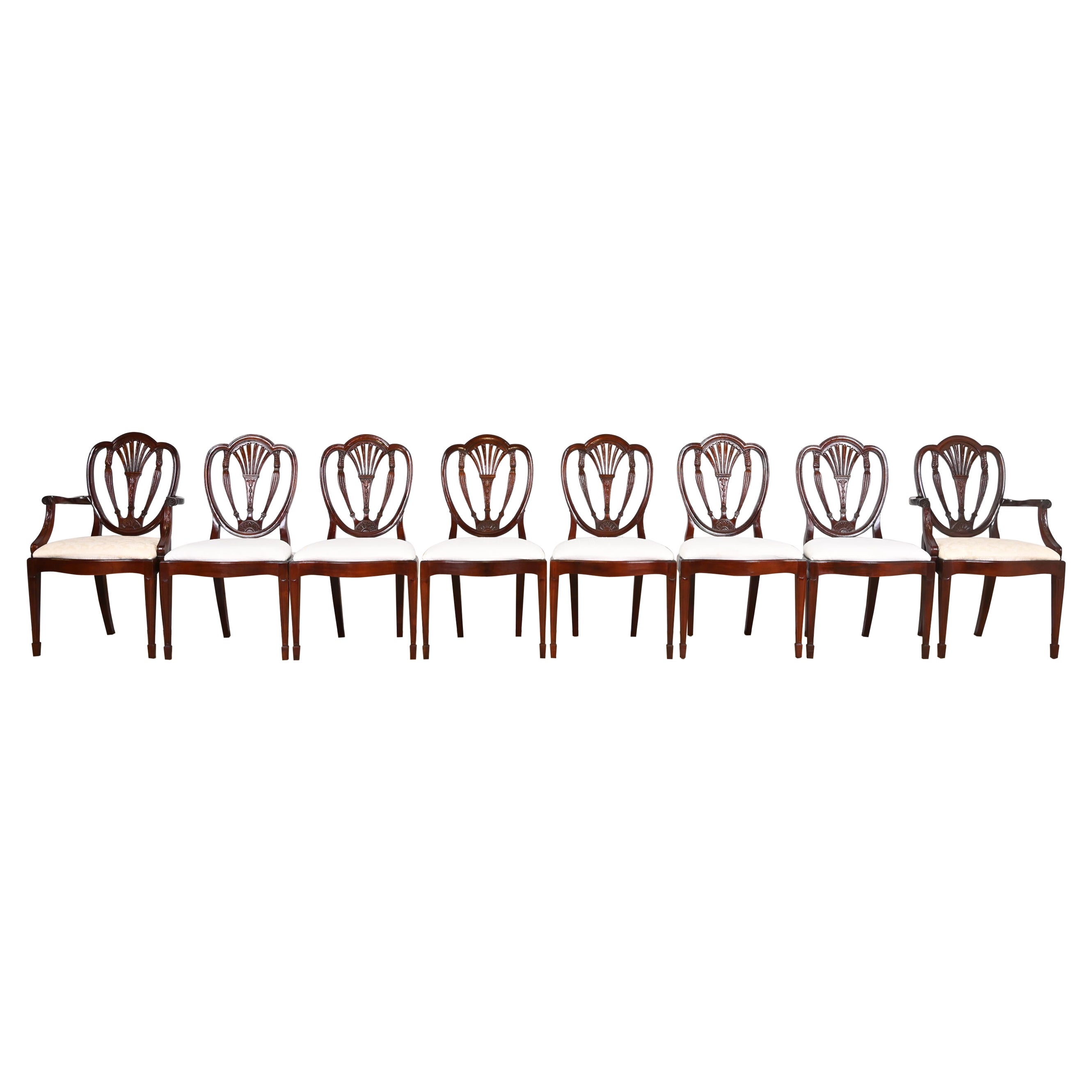 Hickory White Georgian Carved Mahogany Shield Back Dining Chairs, Set of Eight
