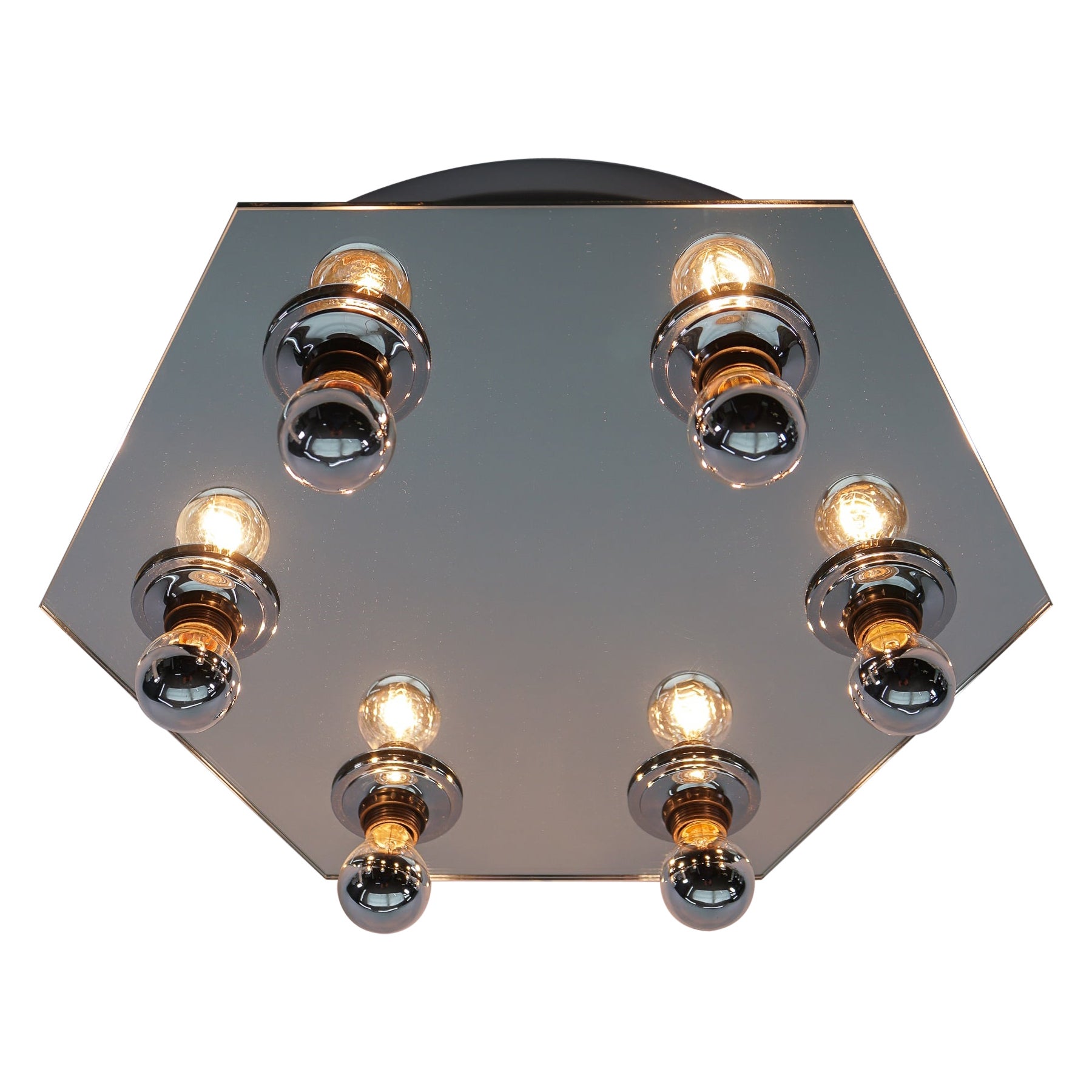 Hexagonal Mirrored Ceiling Lamp With Six Light Bulbs, 1970s Italy For Sale