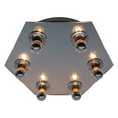 Retro Hexagonal Mirrored Ceiling Lamp With Six Light Bulbs, 1970s Italy