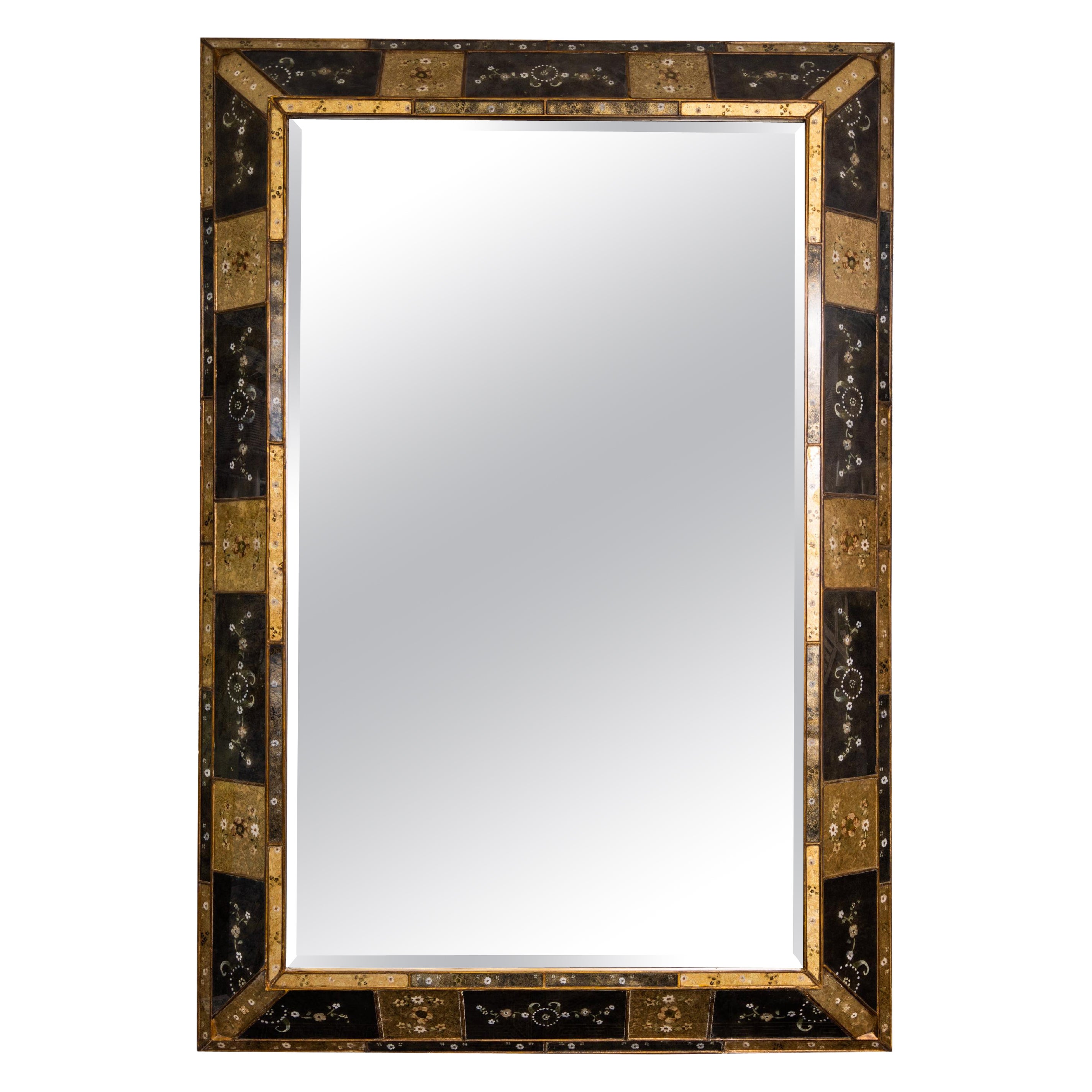 Eglomise Gold Toned Mirror with Floral Design For Sale