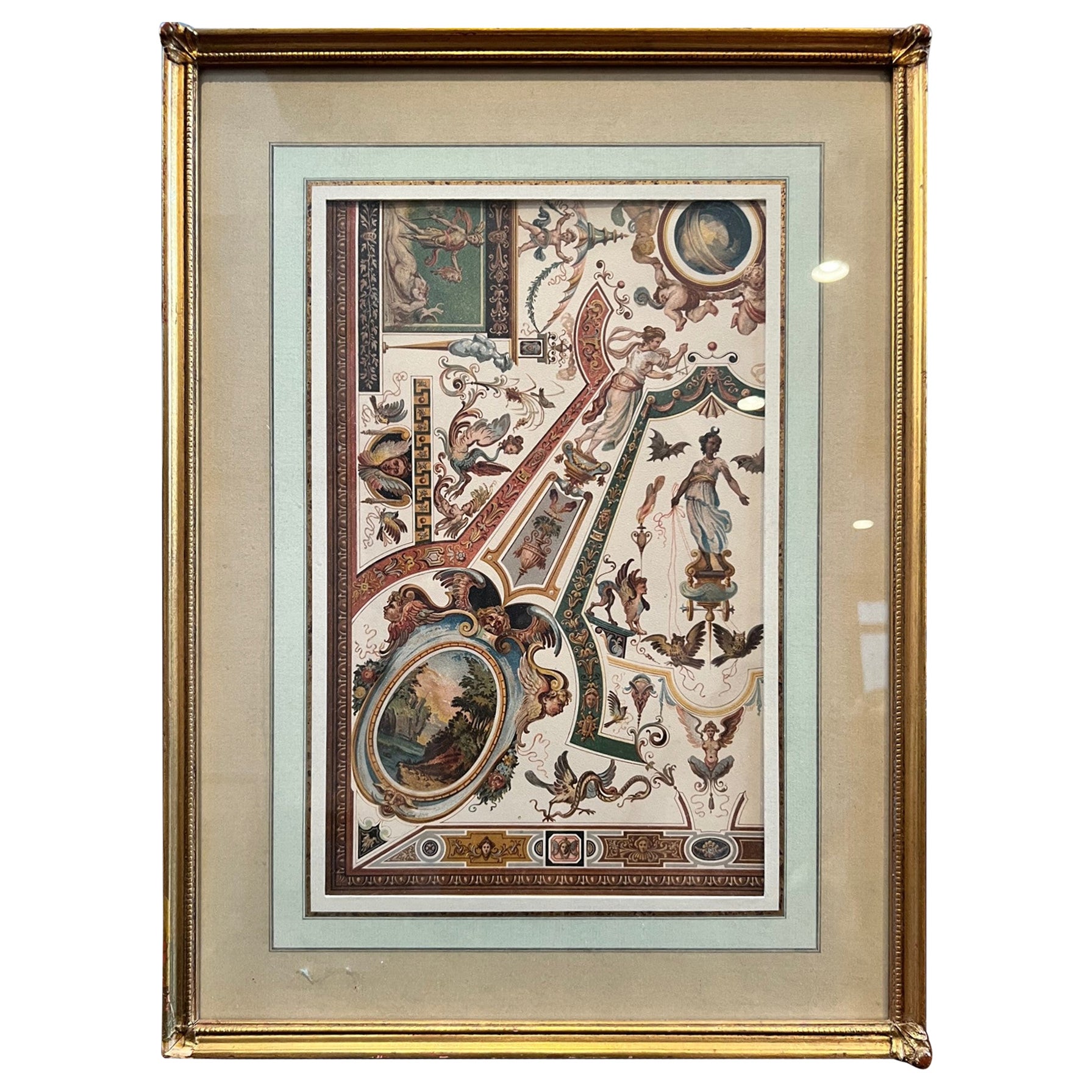 Plafonnier d'antiquités encadré en chromomolithographie - Galerie Uffizi, Florence, Italie en vente