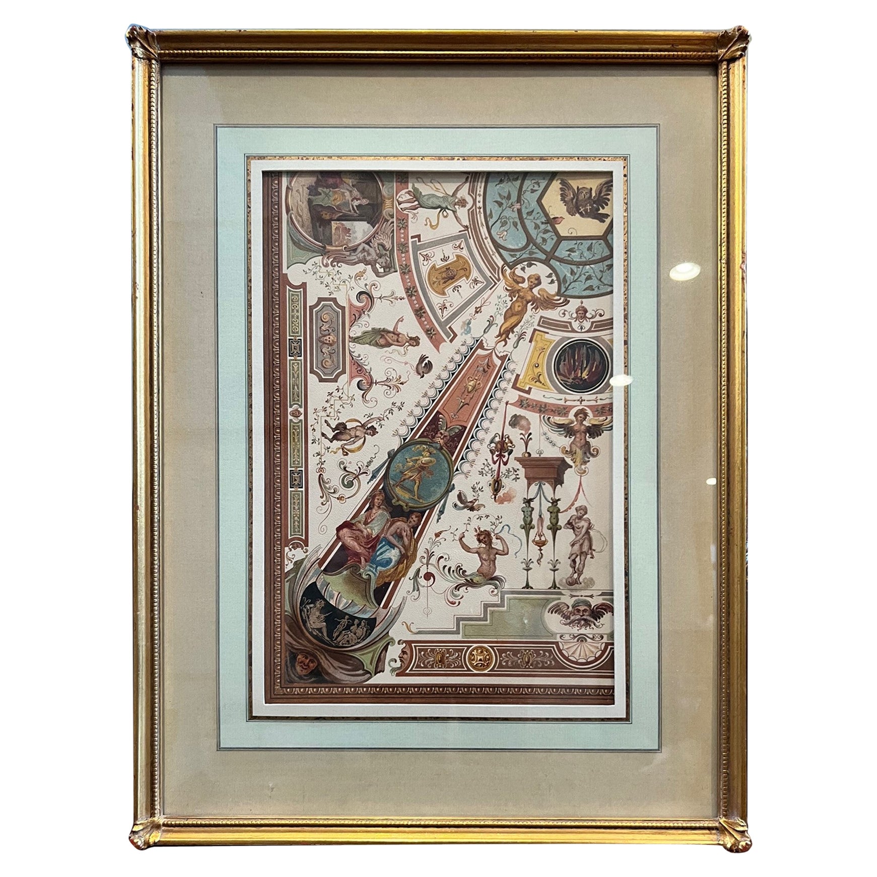 Plafonnier d'antiquités encadré en chromomolithographie - Galerie Uffizi, Florence, Italie en vente