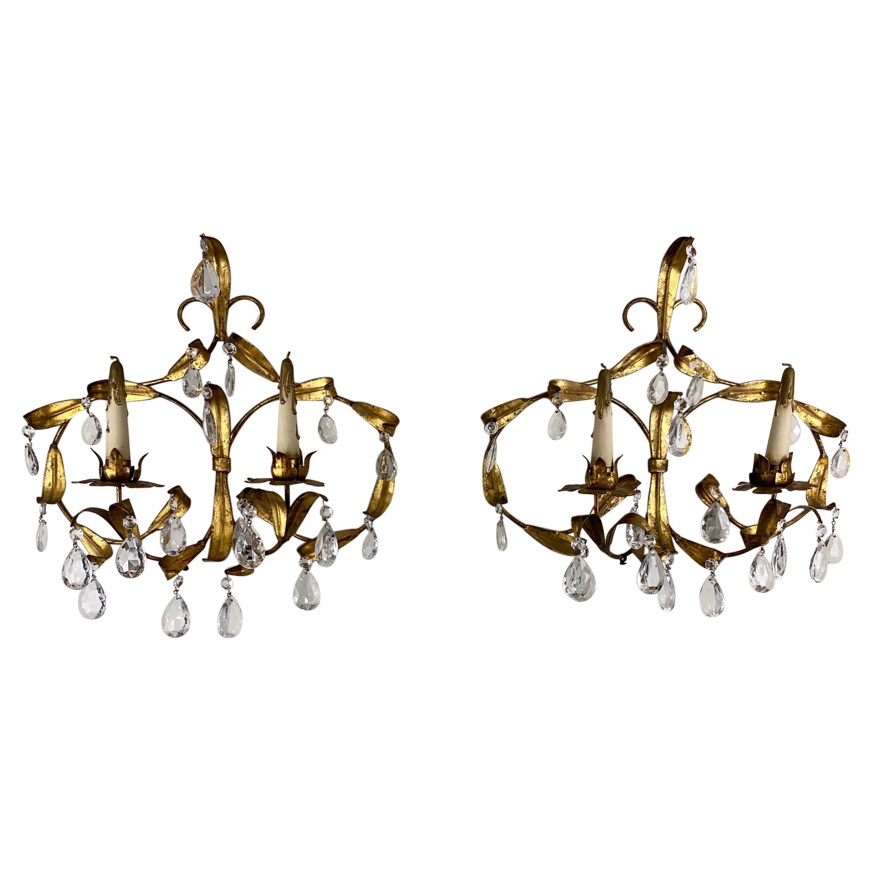 Pair of Maison Baguès Mid-20th Century Gilt Metal and Crystal Wall Sconces For Sale