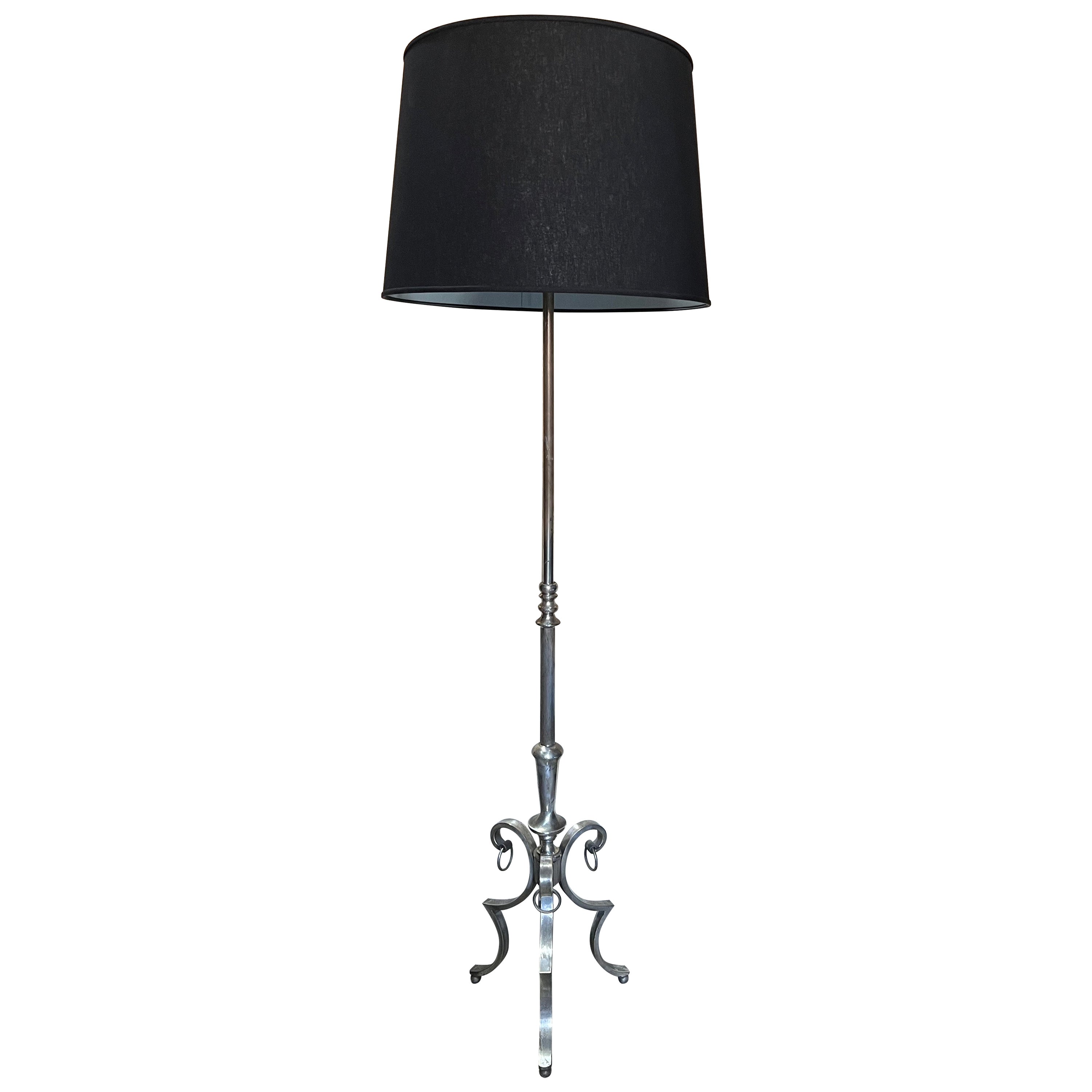 French 1940's Silvered Floor Lamp on a Scrolled Tripod Base For Sale
