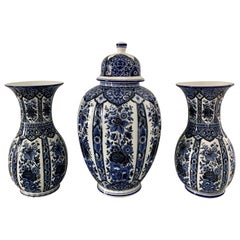 Italian Blue & White Porcelain Vases and Jar Garniture, Set of 3