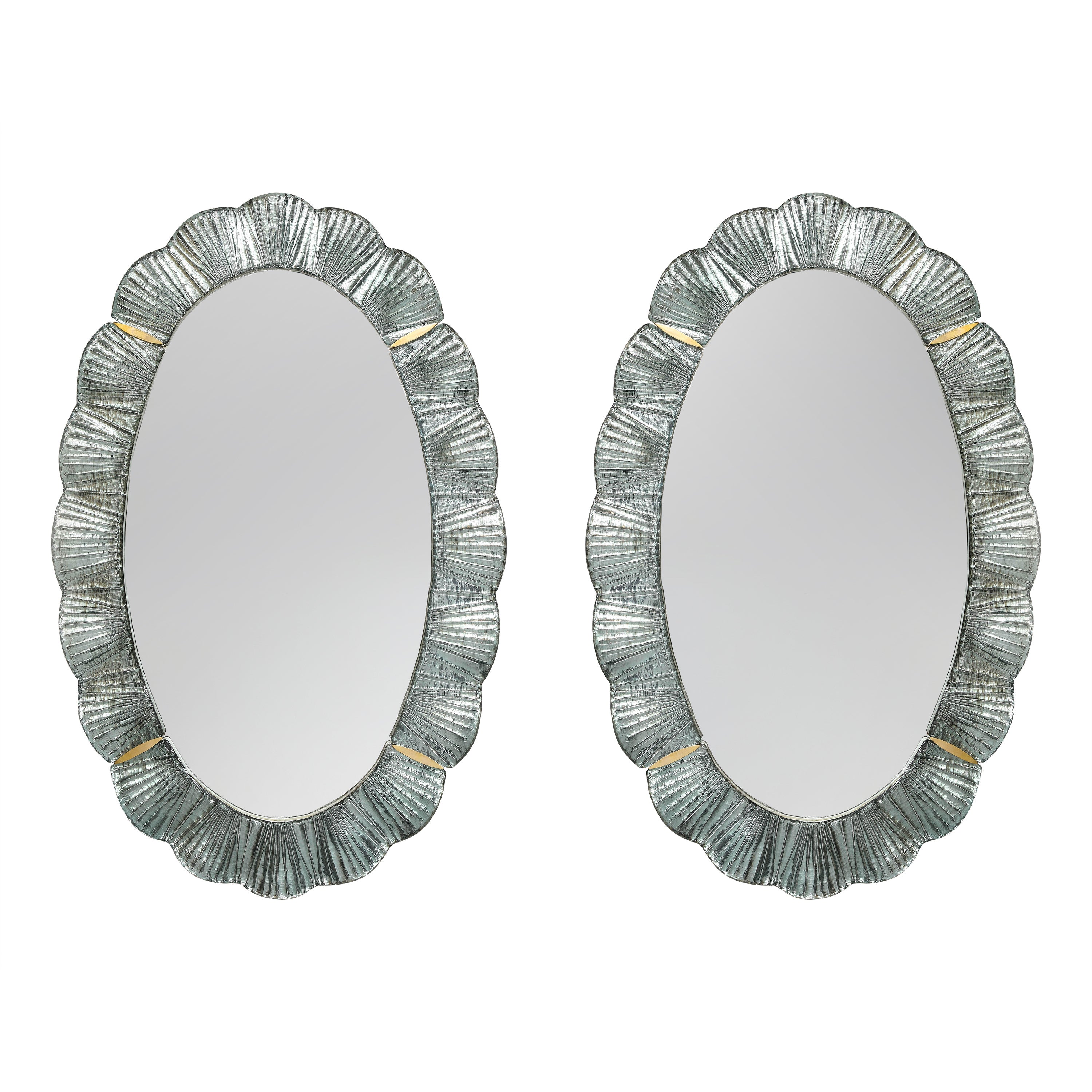 Pair of Oval Scalloped Murano Glass and Brass Mirrors in Soft Blue Green, Italy