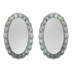 Pair of Oval Scalloped Murano Glass and Brass Mirrors in Soft Blue Green, Italy