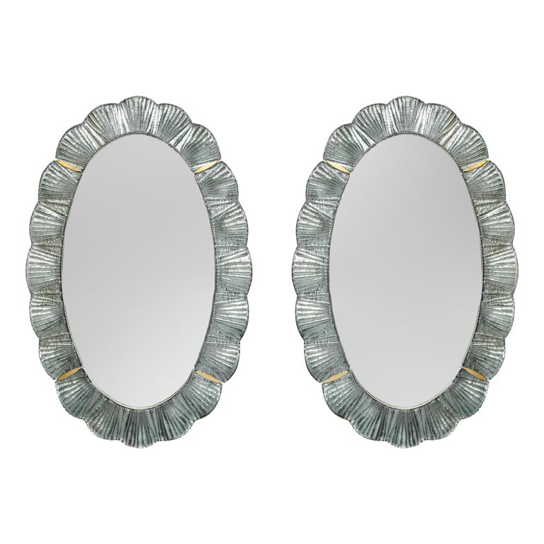 Pair of Oval Scalloped Murano Glass and Brass Mirrors in Soft Blue Green, Italy For Sale