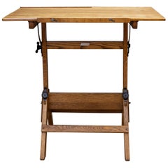 Antique Adjustable Cast Iron and Wood Drafting Table, C.1940-1950