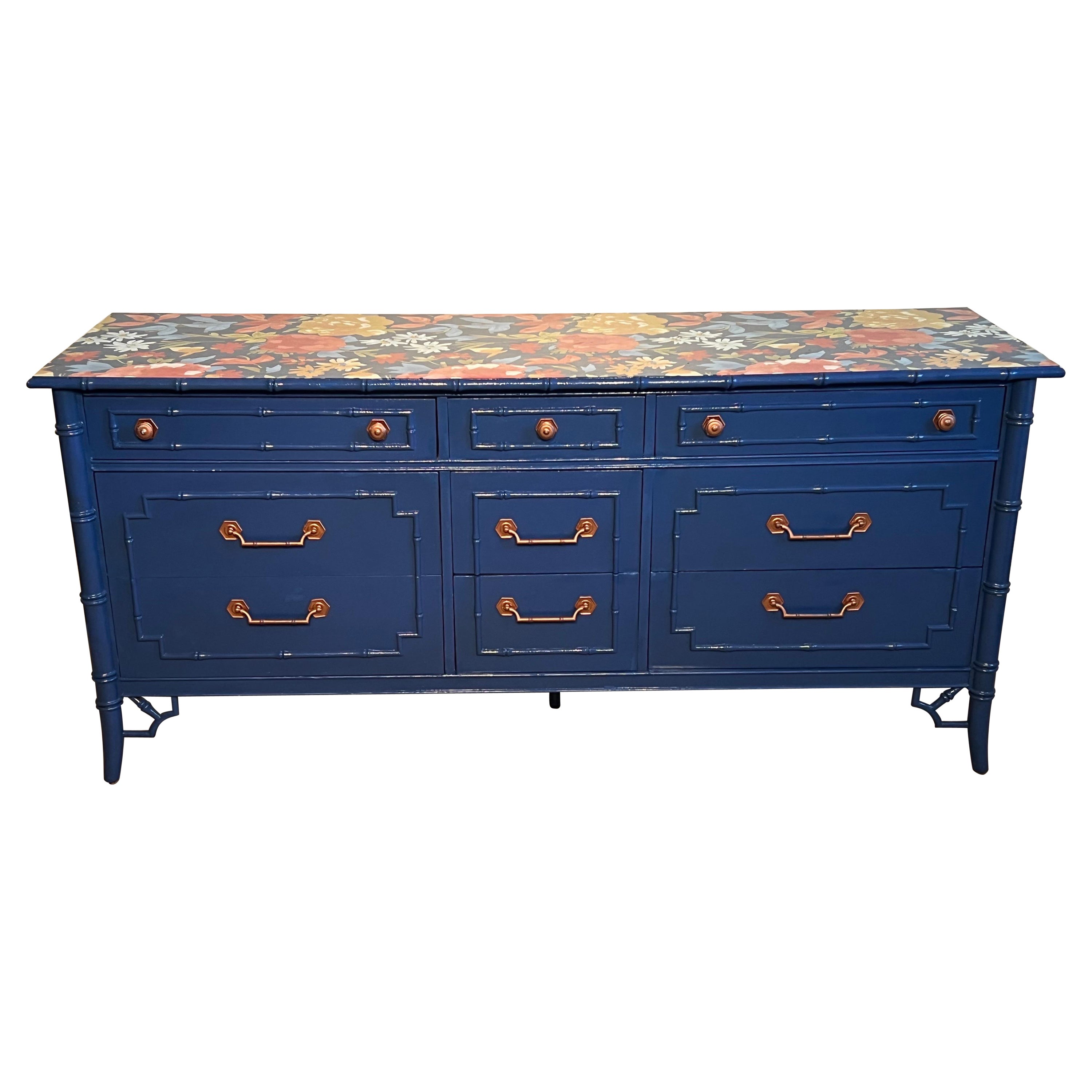 Chinoserie Faux Bamboo Dresser in Blue For Sale