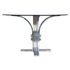 Table de salle à manger ronde à plateau en verre Romeo Rega en acier et laiton, Italie, vers 1970