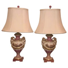Pair of Meissen German Porcelain Scenic Urns Designer Table Lamps, 1930s