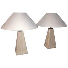 Mid Century Pair of Travertine Lamps Signed by Camille Breesch, Belgium, 1970s