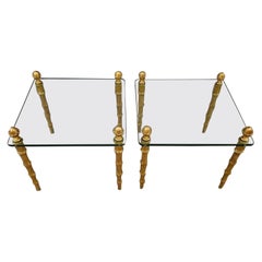 Pair of Hollywood Regency Gilt Bronze & Thick Glass End Tables