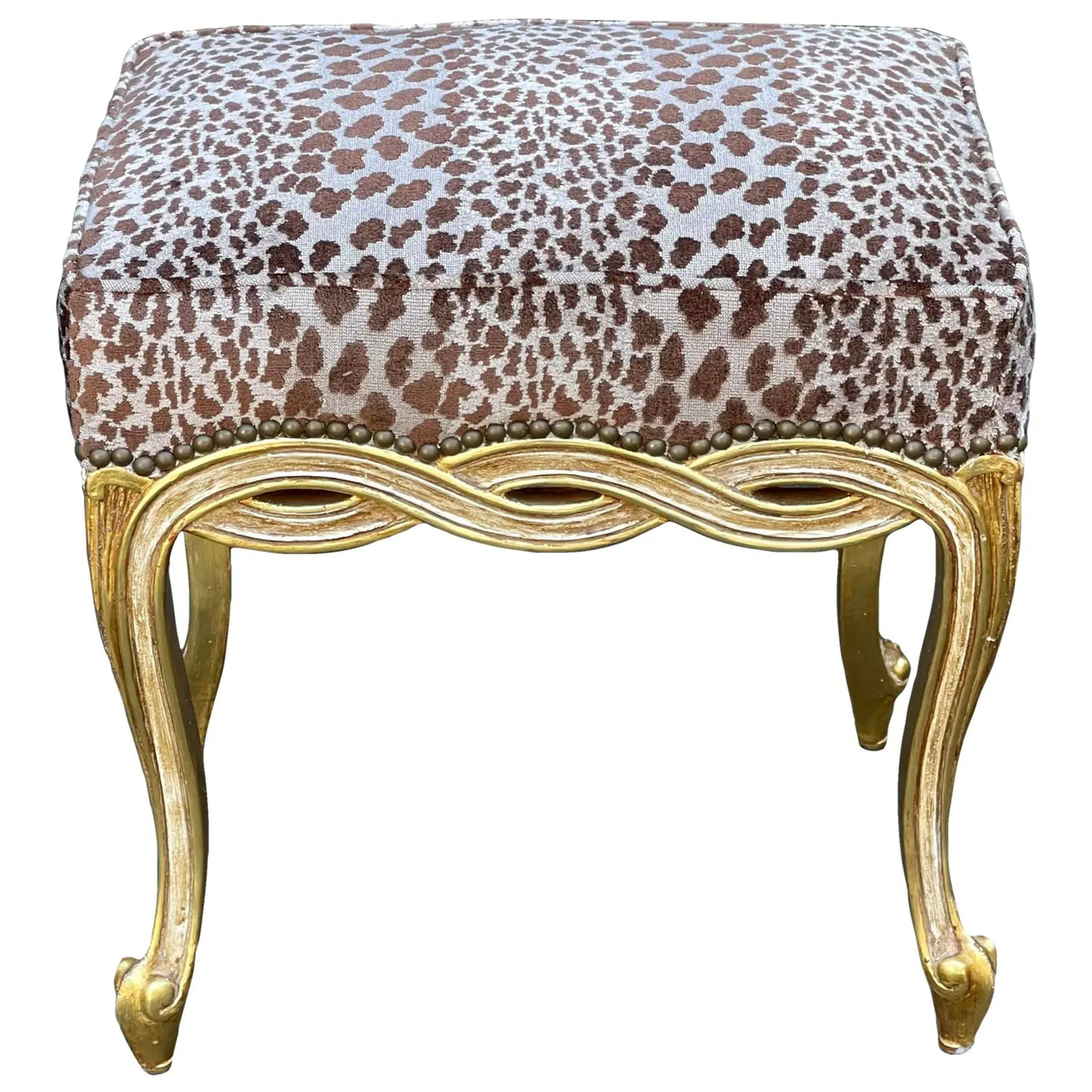 Regency Style Designer Taboret Bench with Cheetah Velvet by Randy Esada For Sale