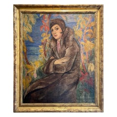 Art Deco Paris Portrait Oil Painting of a Flapper in a Fur Coat, 1920s