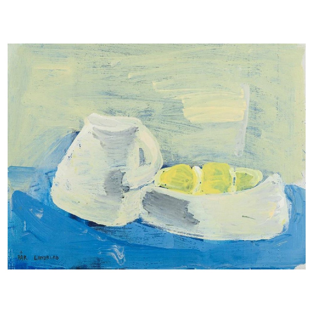 Pär Lindblad Arrangement with Jug and Lemons, Oil on Board For Sale