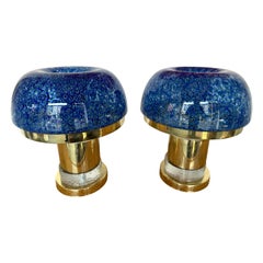 Contemporary Pair of Brass and Blue Murano Glass Mushroom Lamps, Italy