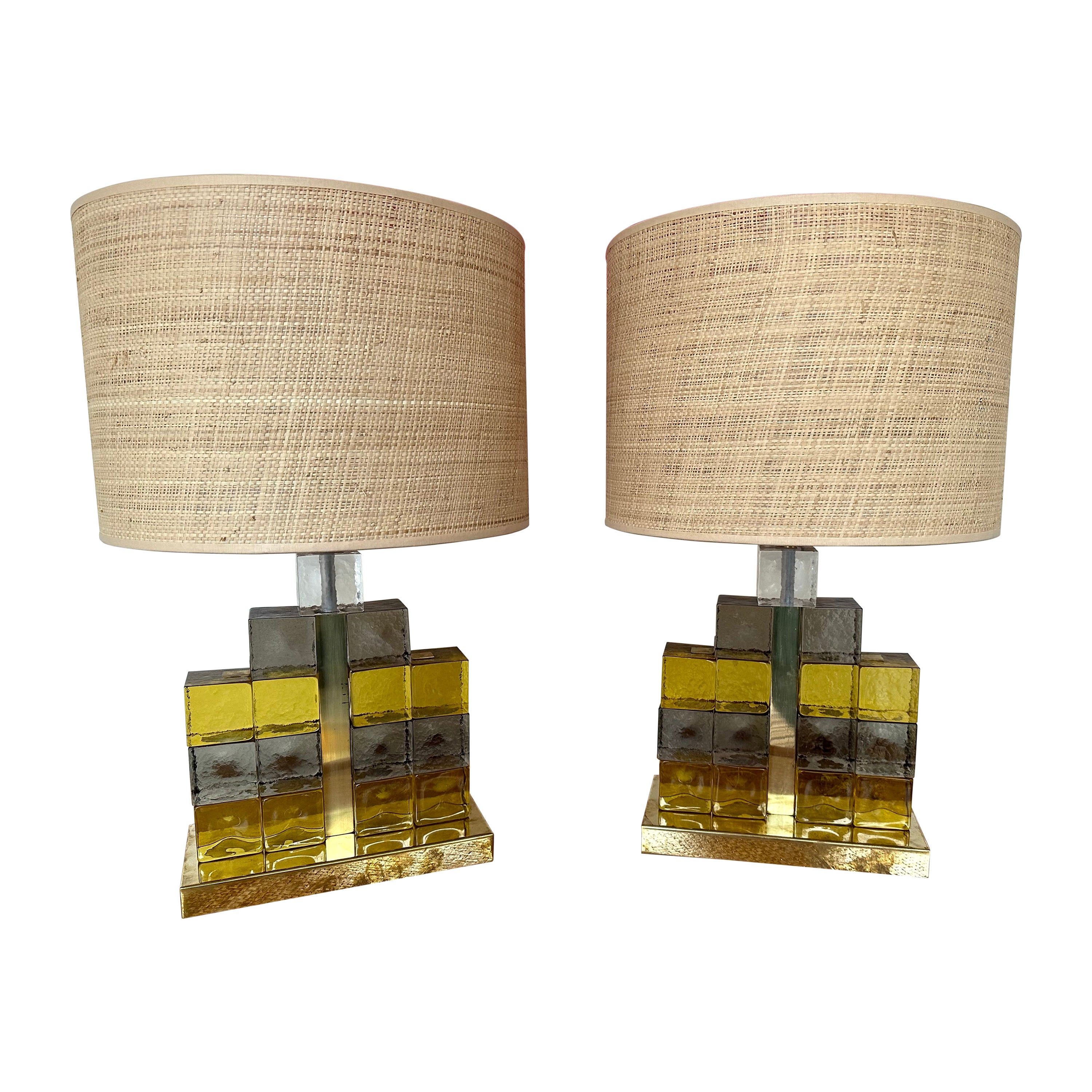 Contemporary Pair of Brass Lamps Cube Murano Glass Construction, Italy For Sale