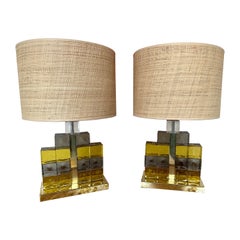 Contemporary Pair of Brass Lamps Cube Murano Glass Construction, Italy