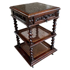 Antique French Oak Marble End Table Nightstand Pedestal Barley Twist Carved