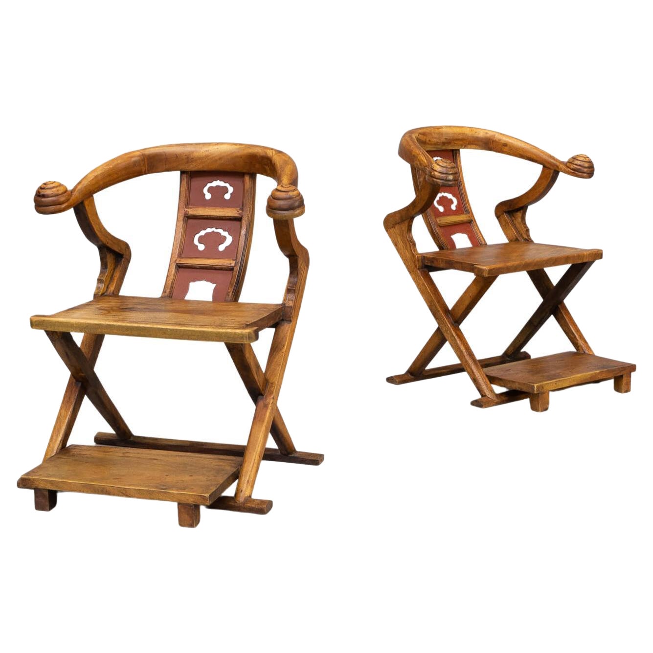 70s handmade wood carved throne chair set/2 For Sale at 1stDibs