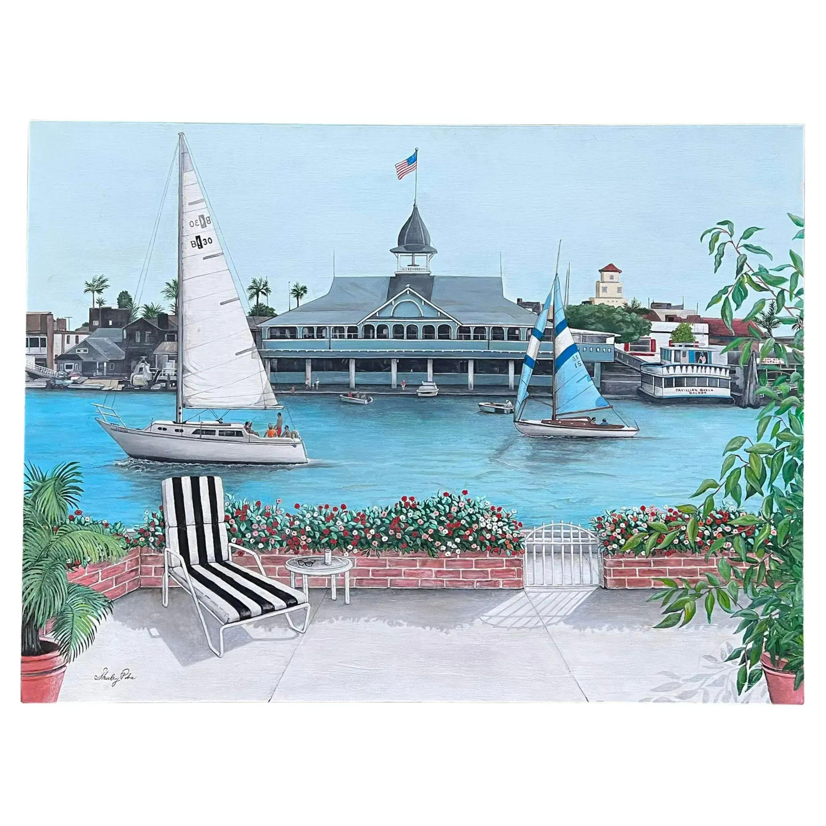 California Oil Painting of Newport Balboa Harbor Painting by Shirley Piha For Sale