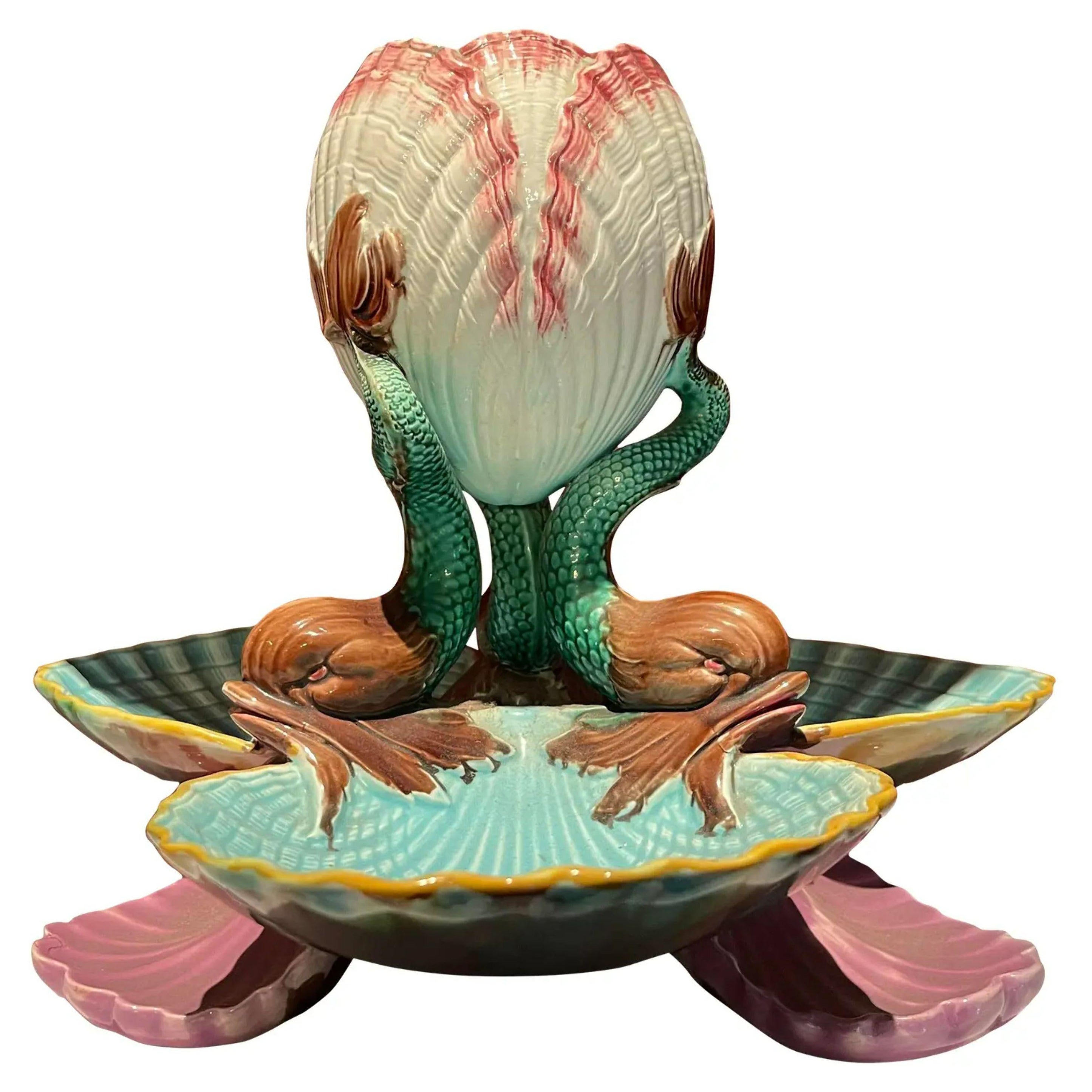 Antique Majolica Pottery Dolphin and Shell Centerpiece Bowl, 19th Century