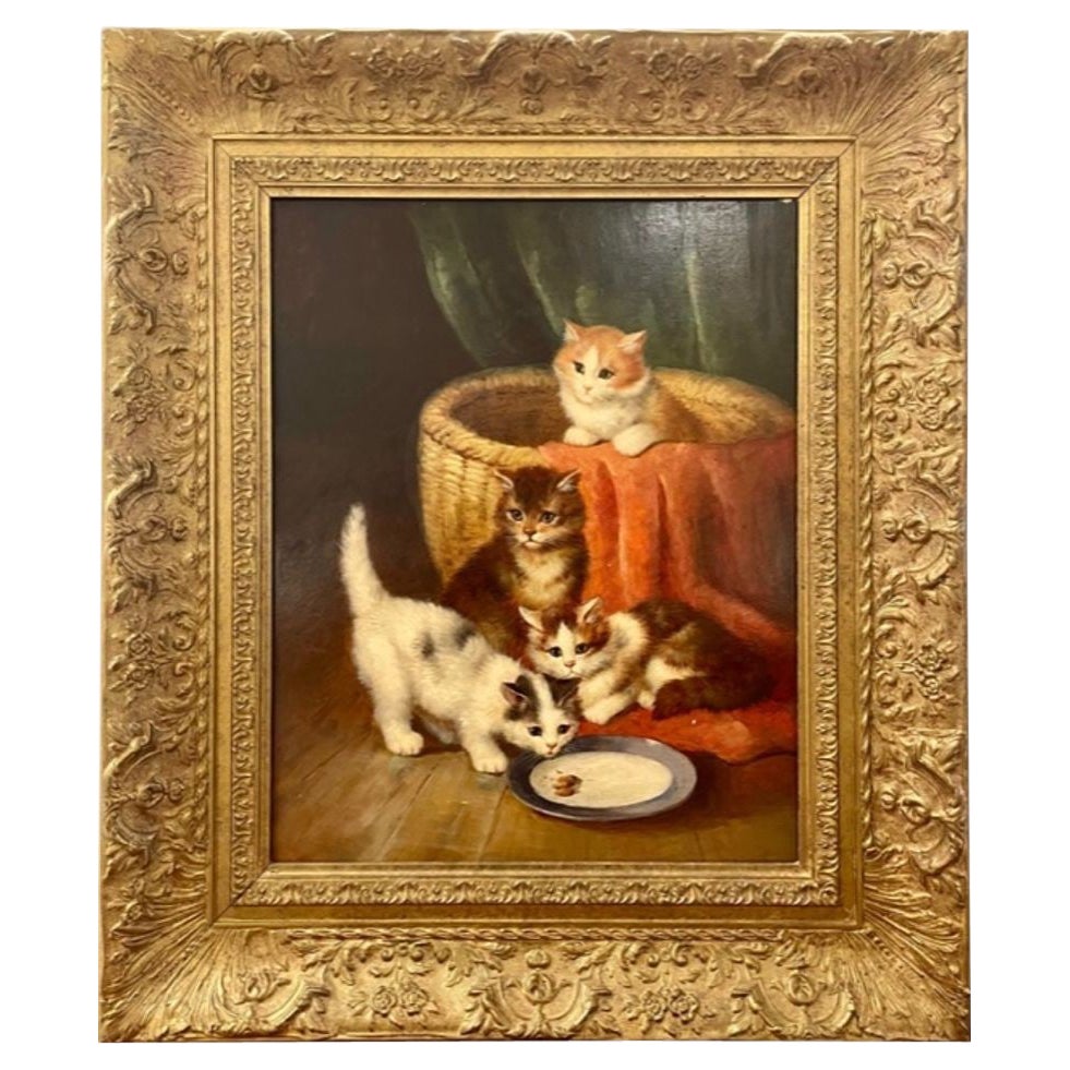 19th/20th Century Oil Painting of Kittens in a Basket at Feeding Time For Sale