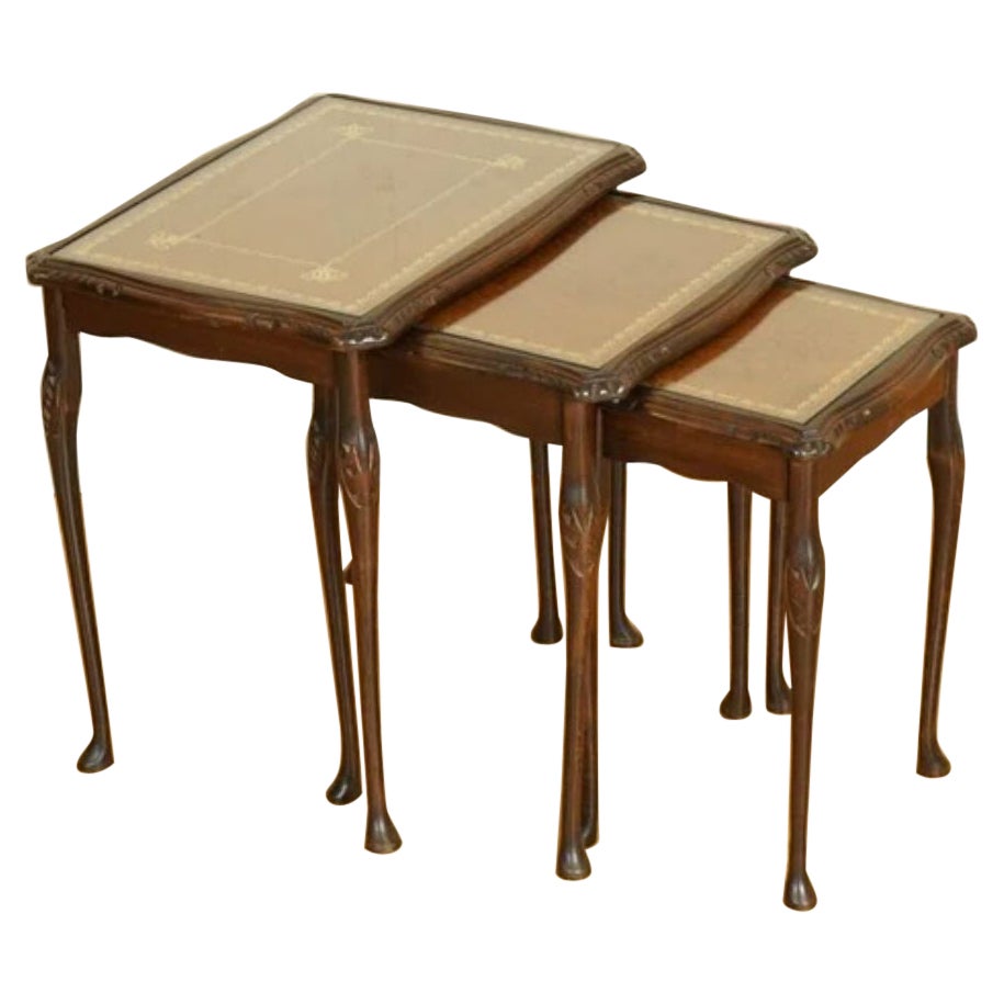 Vintage Nest of Tables Queen Anne Style Legs with Brown Embossed Leather For Sale