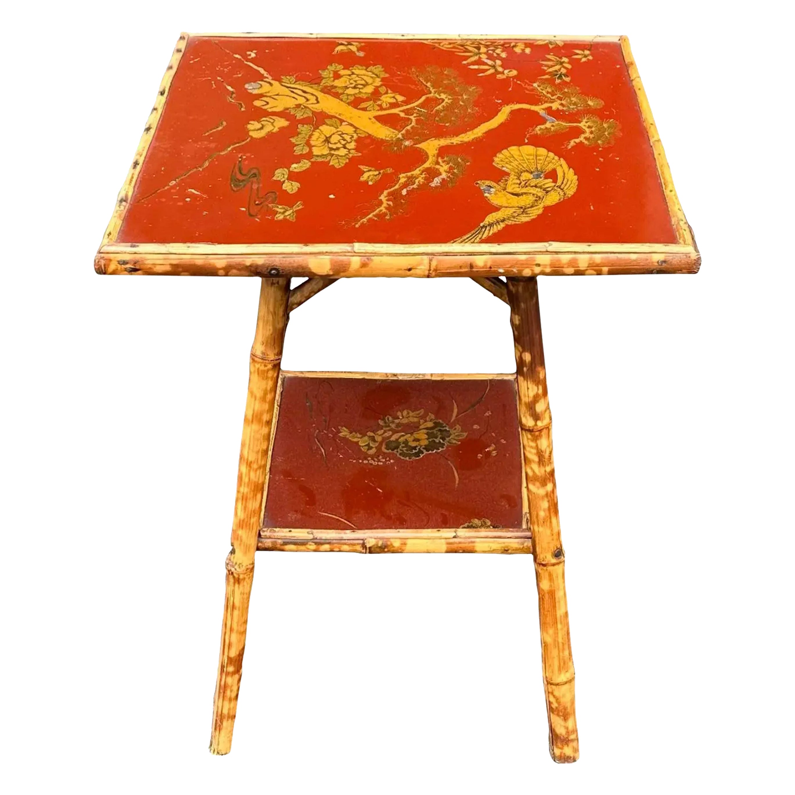 Antique Regency Style Red Chinoiserie Bamboo Table, 19th Century