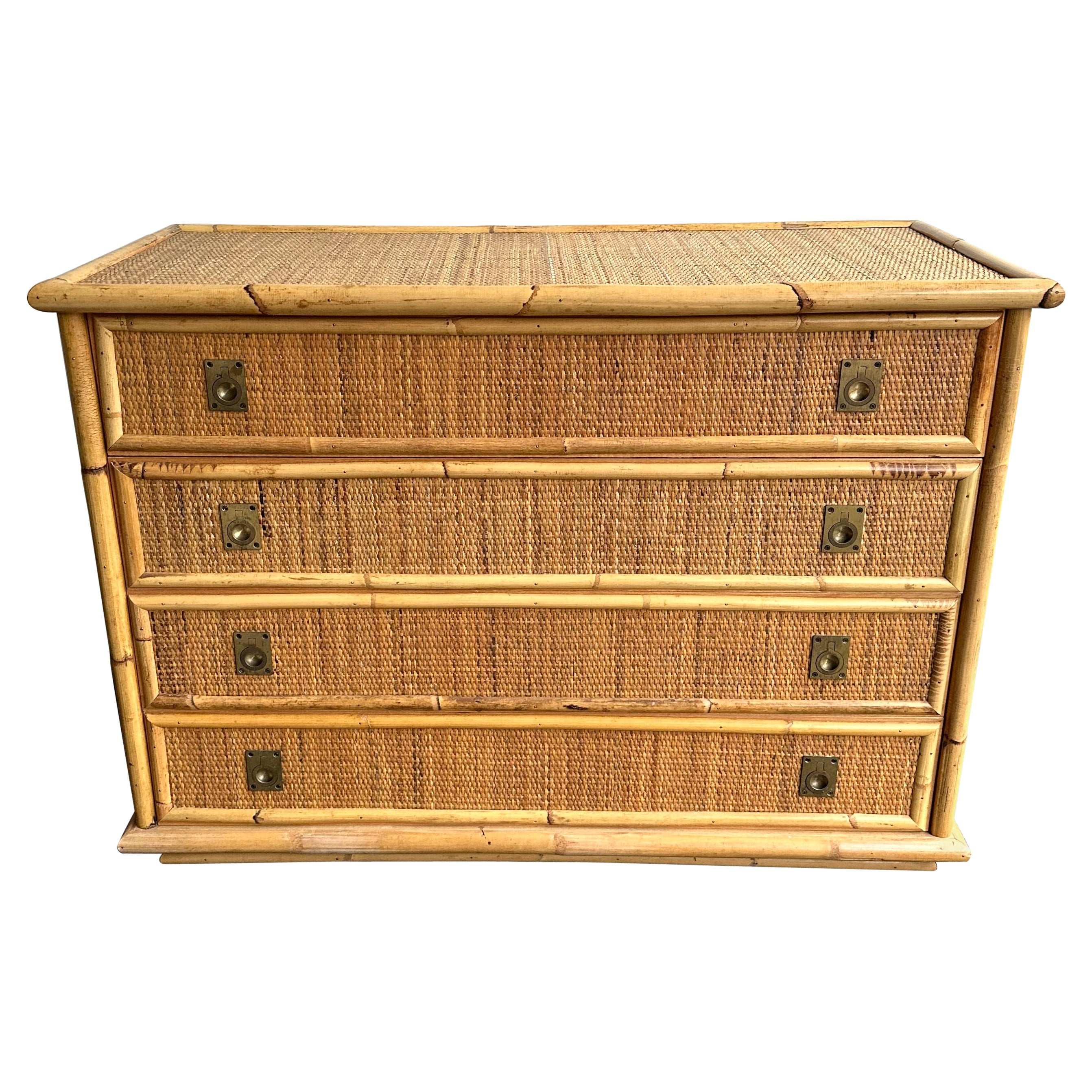 Bamboo Rattan and Brass Chest of Drawers by Dal Vera, Italy, 1970s For Sale