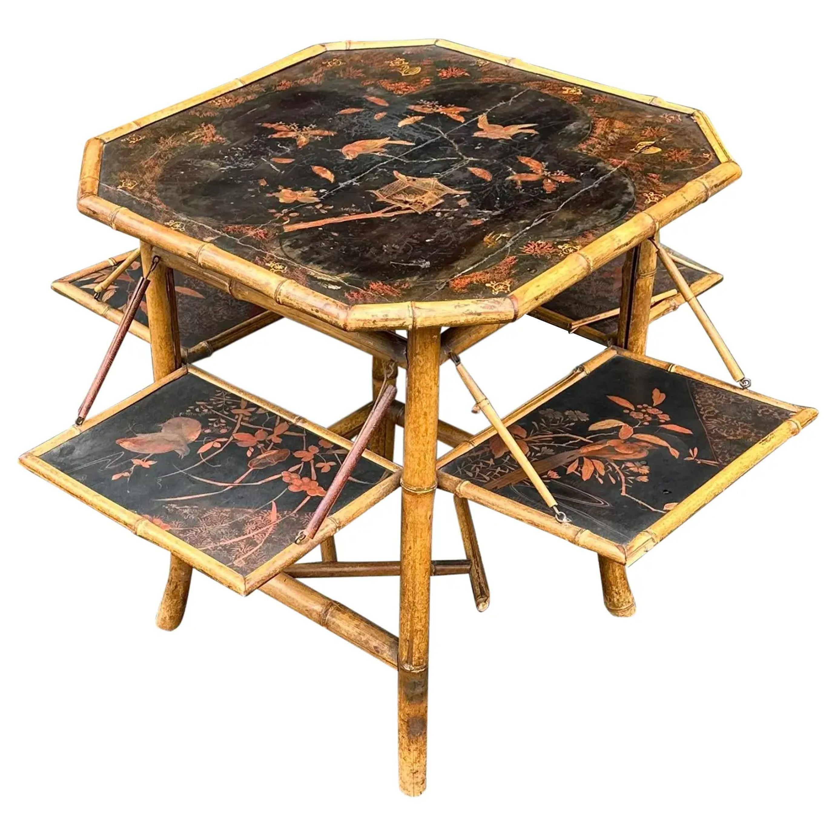 Antique Regency Style Black Chinoiserie Bamboo Mulit Drop Leaf Table