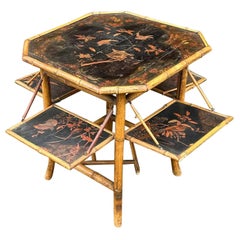 Vintage Regency Style Black Chinoiserie Bamboo Mulit Drop Leaf Table