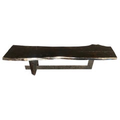 Vintage French Black Wooden Bench Raised on Metal Feet Brutalist Period