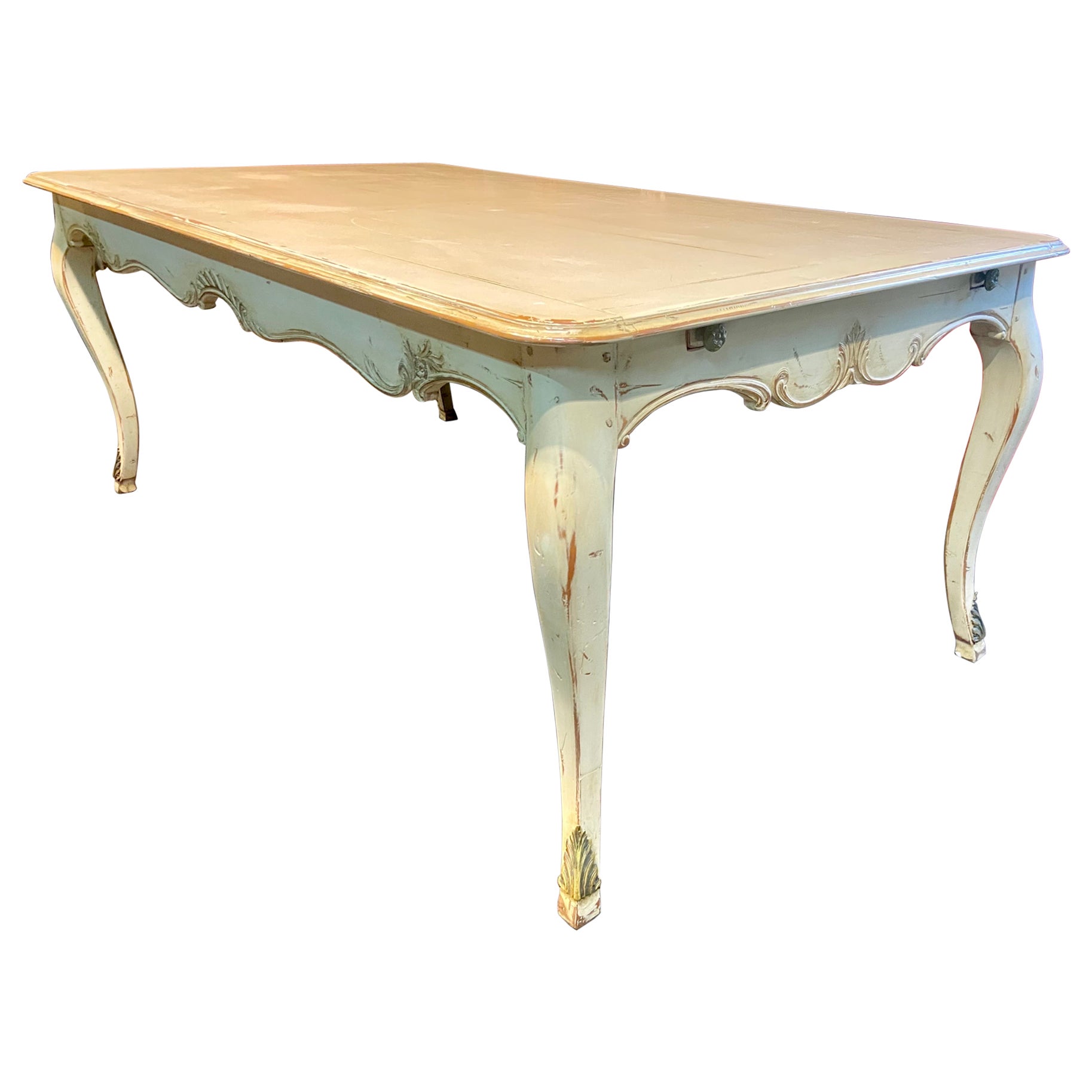 French Cream Lacquered Hand Carved Wooden Dining Table by Maison Moissonnier