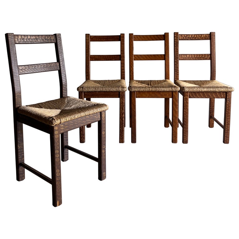 Primitive Rush Seat Kitchen Chairs, Netherlands, Set of 4 For Sale at