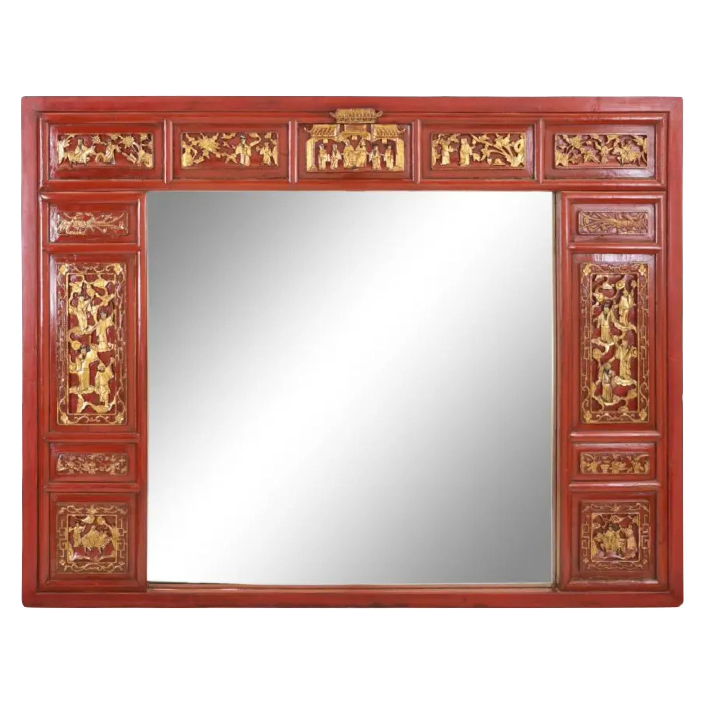 Antique Red & Gold Chinese Temple Carving Mirror, Early 20th Century For Sale