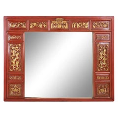 Antique Red & Gold Chinese Temple Carving Mirror, Early 20th Century