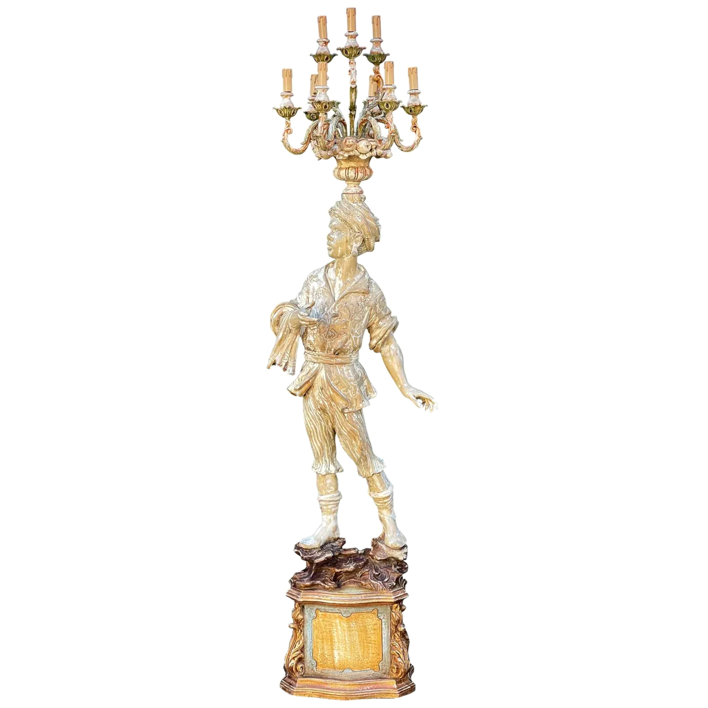 Ancien lampadaire italien Figural Stand Candelabra, début du 20e siècle