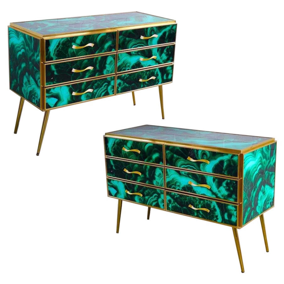 Pair of Midcentury Style Brass and Malachite Colored Murano Glass Commode, 2020