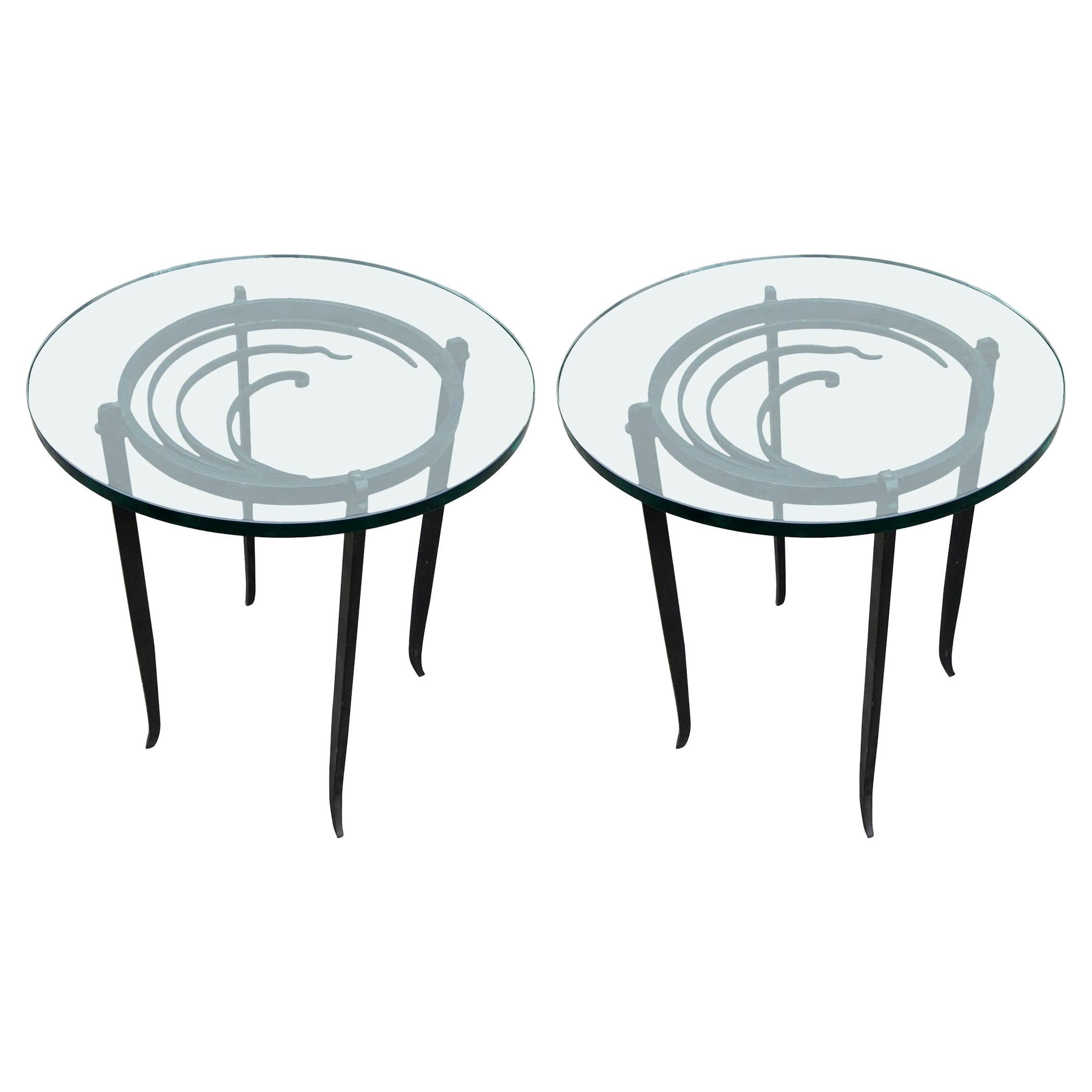 Pair of Black Metal Art Deco Side Tables with Glass Tops, 1940s For Sale