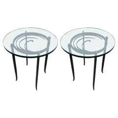 Vintage Pair of Black Metal Art Deco Side Tables with Glass Tops, 1940s