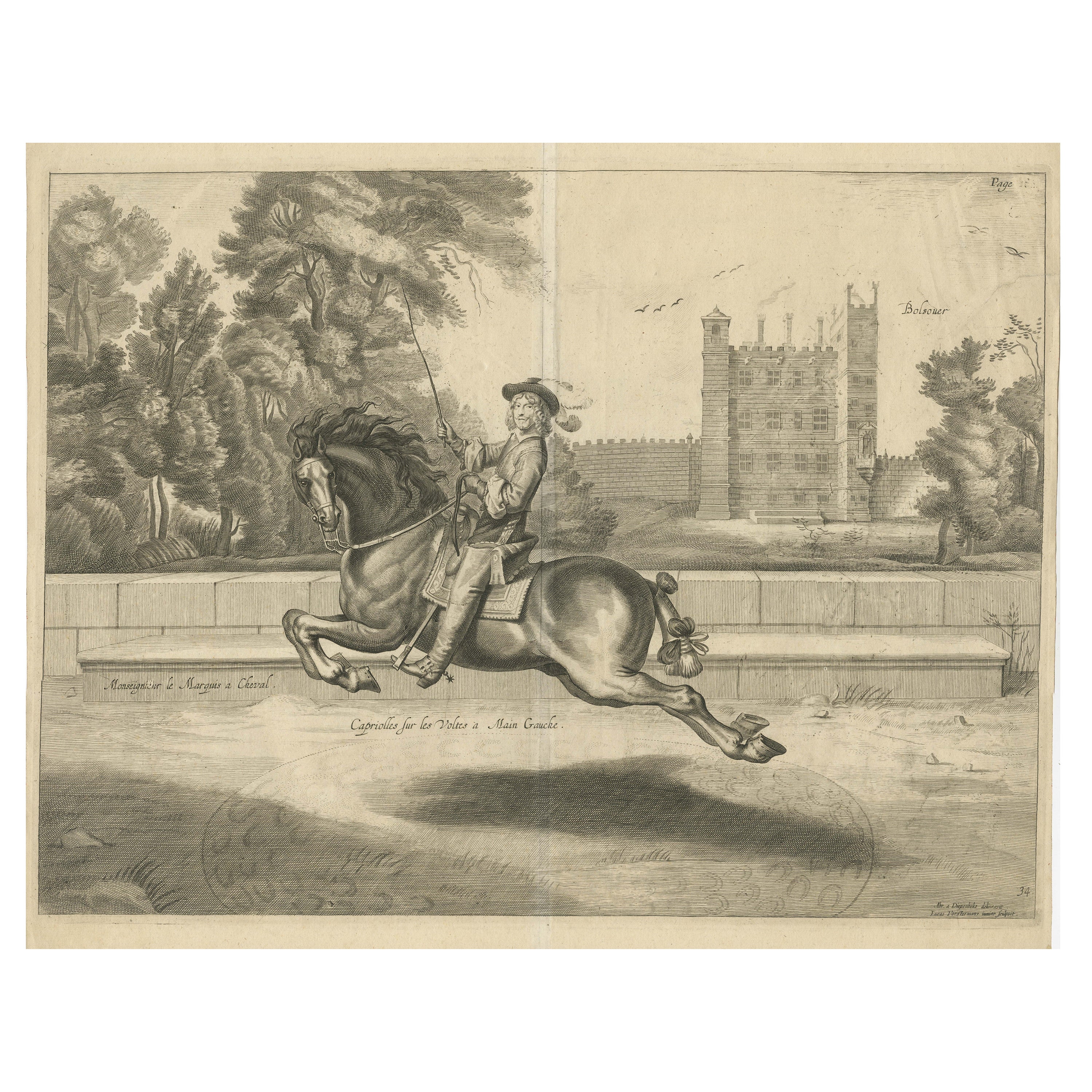Antique Print of a Nobleman Galloping past Bolsover Castle in Derbyshire For Sale