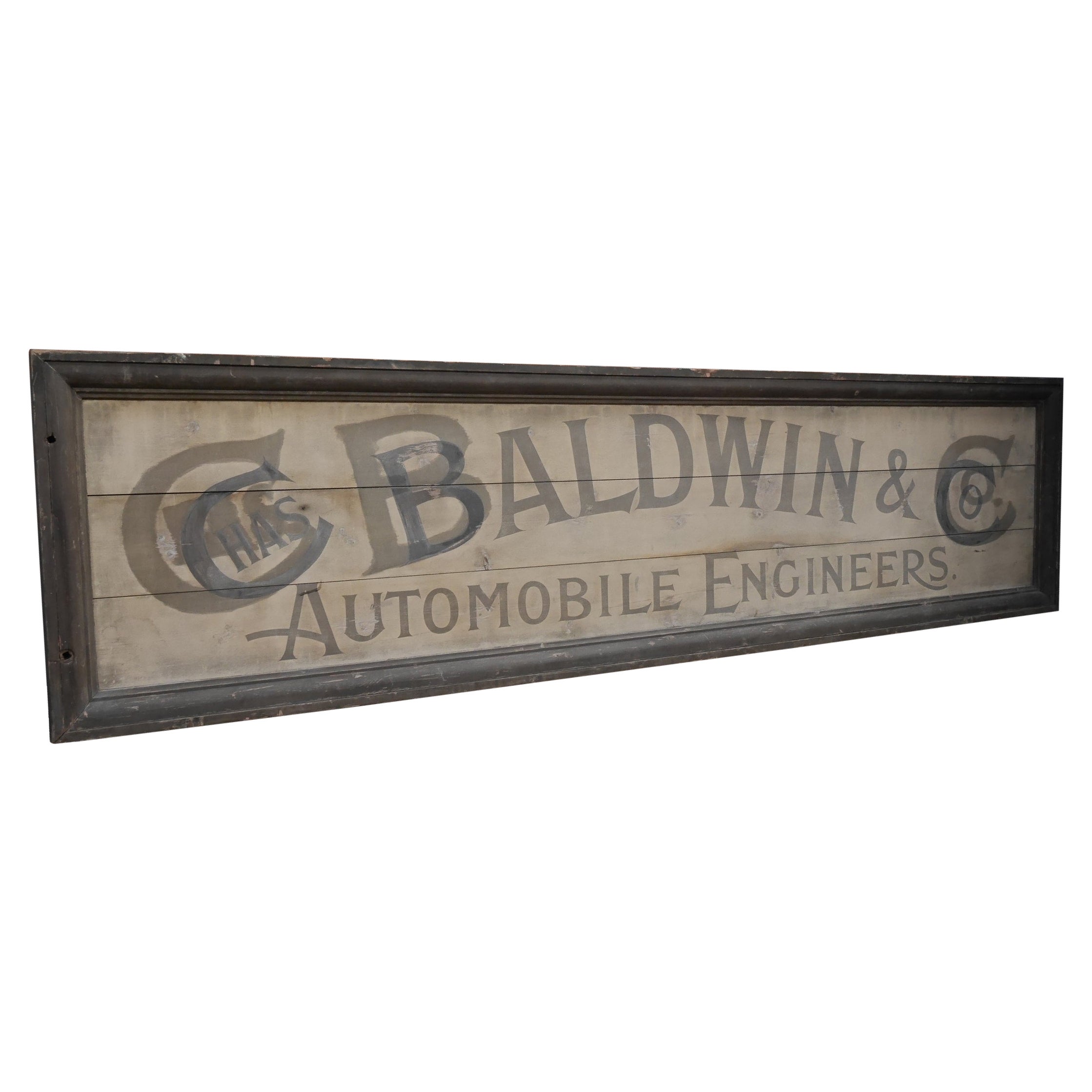 Grand panneau de signalisation ancien de garage - Chas Baldwin, ingénieur automobile