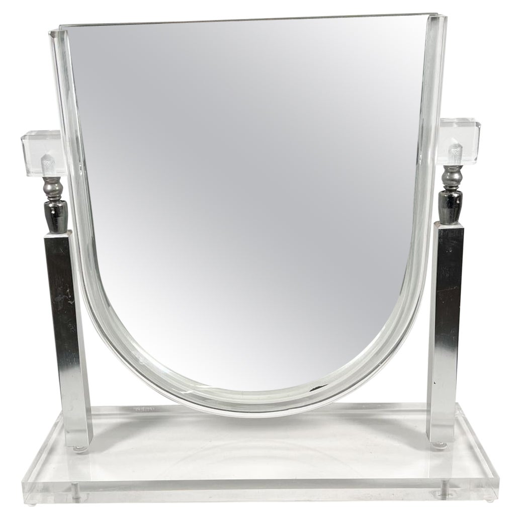 1970s Modernist Lucite Chrome Table Vanity Mirror  For Sale